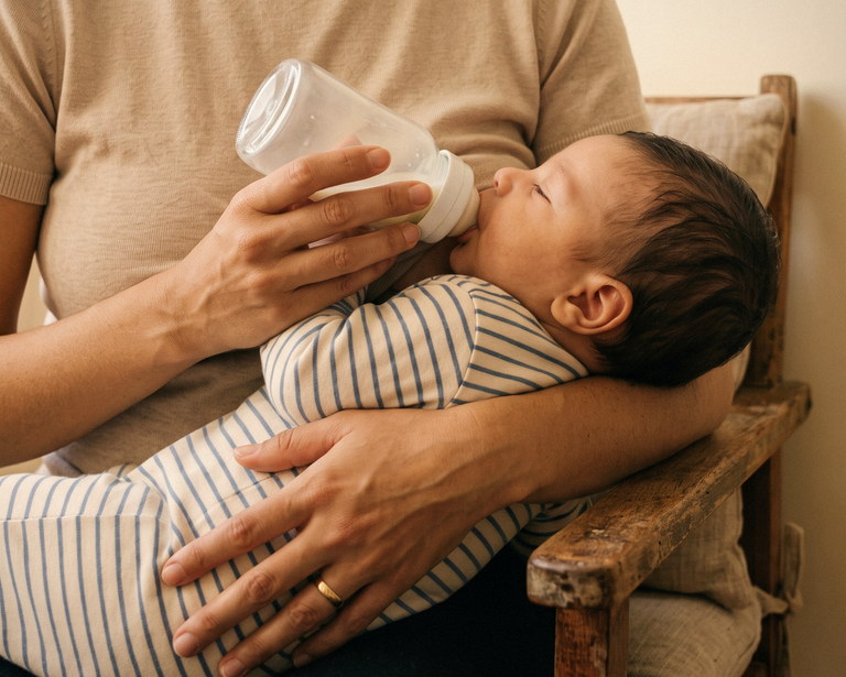 A mesma mulher na mesma cadeira dando mamadeira ao bebê deitado no colo, na mesma luz de janela.